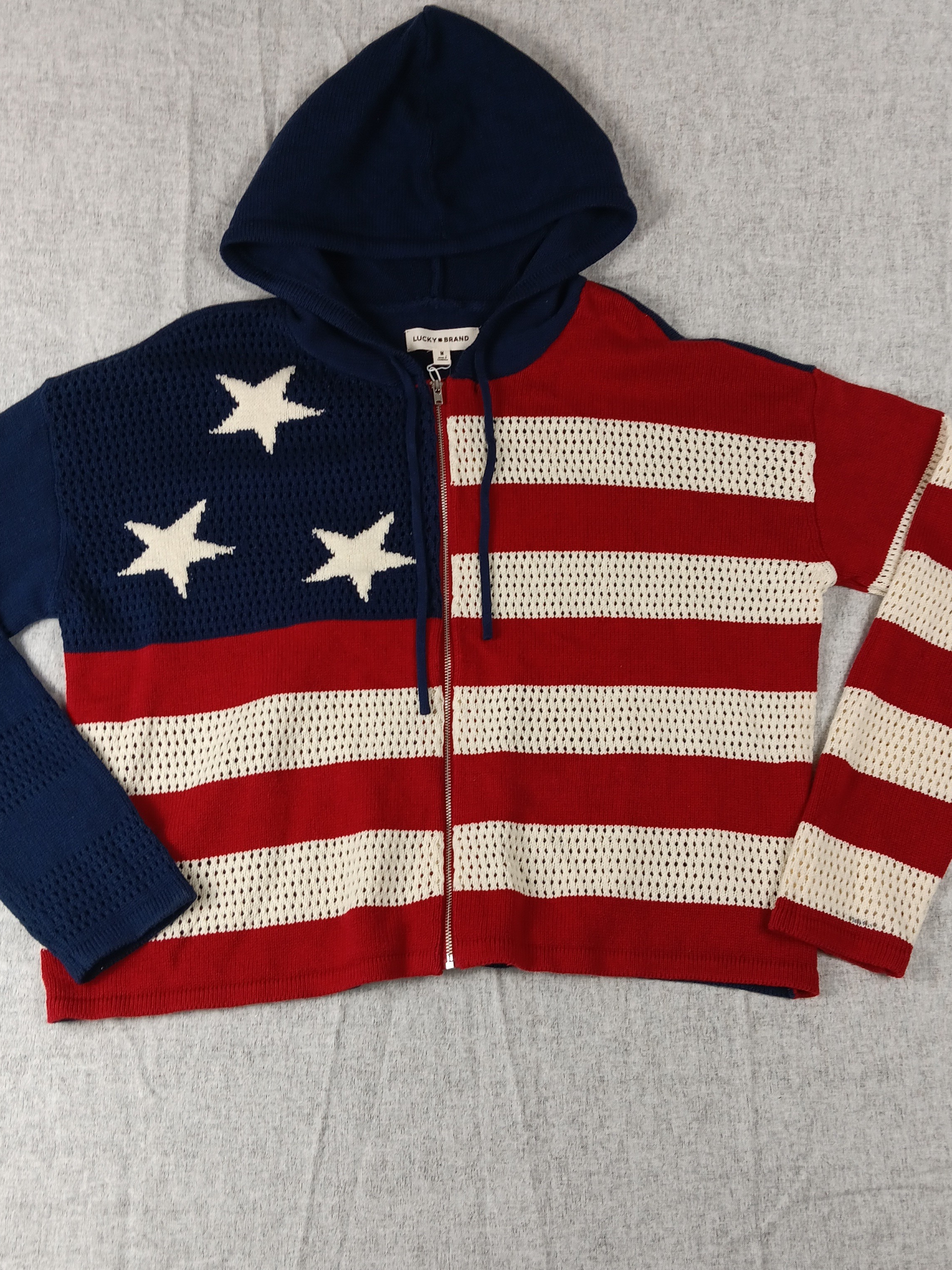 Lucky Brand Women’s Red, White & Blue Flag Zip-Up Hoodie Sweater Size M